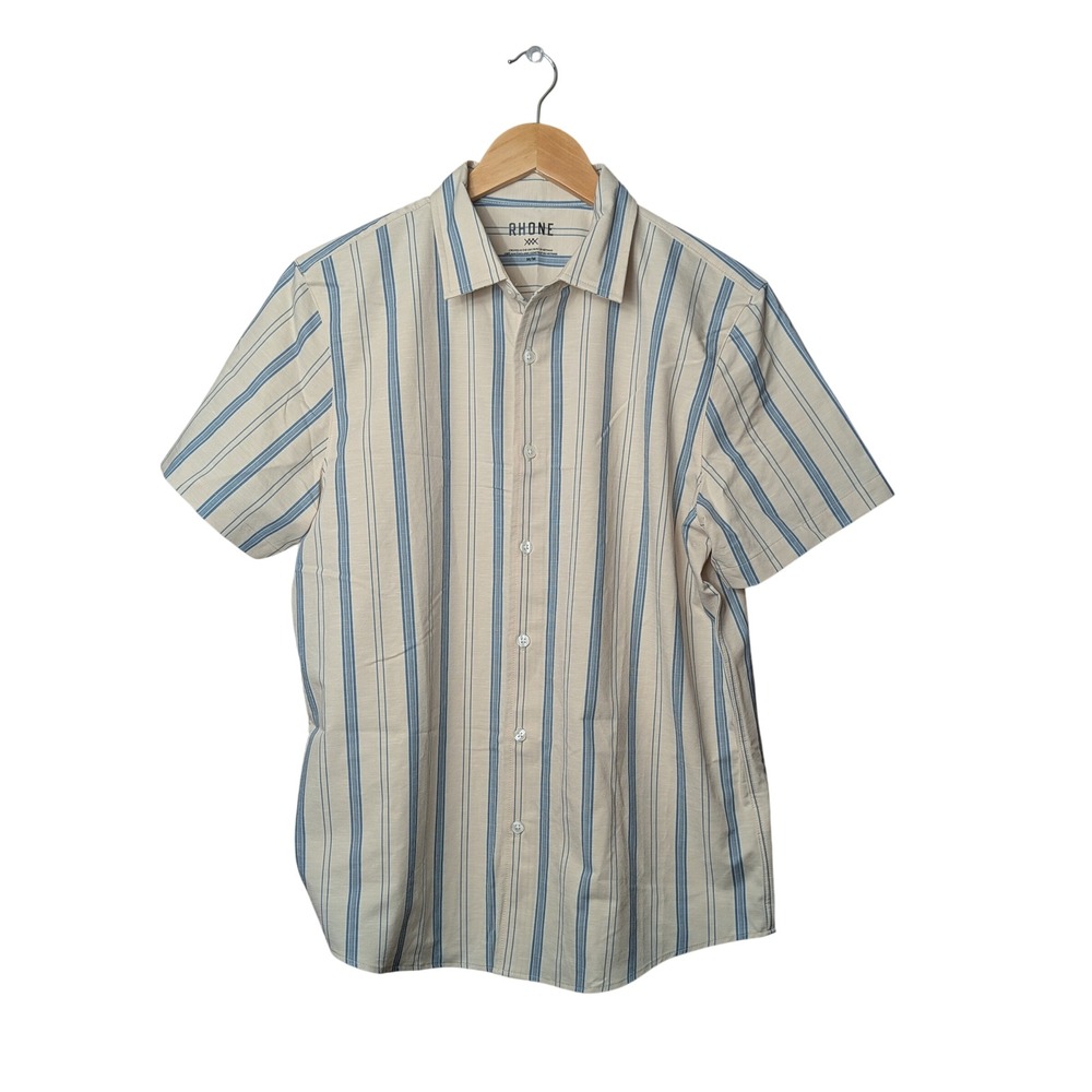 Rhone‎ Button Down Shirt Mens M Cream Blue Striped 102348 Cotton Linen Casual